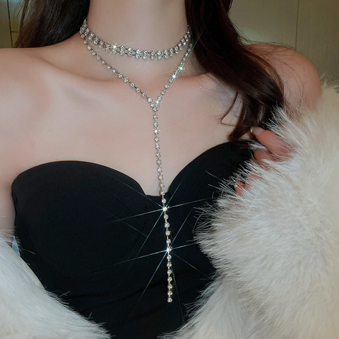 Rhinestone Multi Layer Tassel Necklace Luxury Long Y Shaped Fringed Alloy Sparkling Elegant Sweater Chain For Women