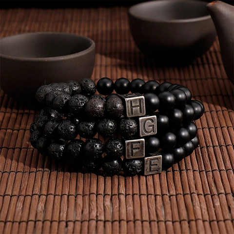 Lava Stone Matte Agate Beaded Bracelet With Stainless Steel Initial Letter Square Bead Retro Vintage Jewelry Neutral Style