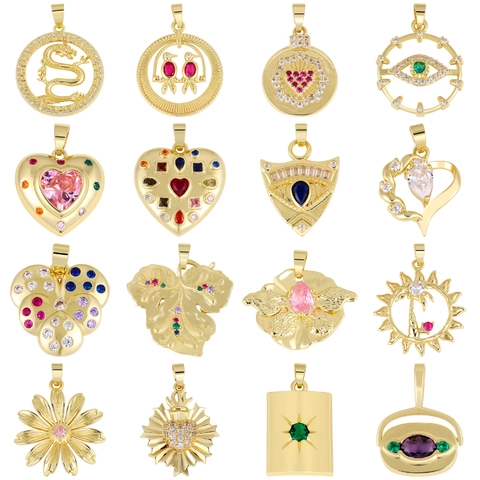 Copper Zircon DIY Charms Heart Cross Star Dragon Bird Flower Eye Leaf Necklace Making Electroplated Sparkling Accessories
