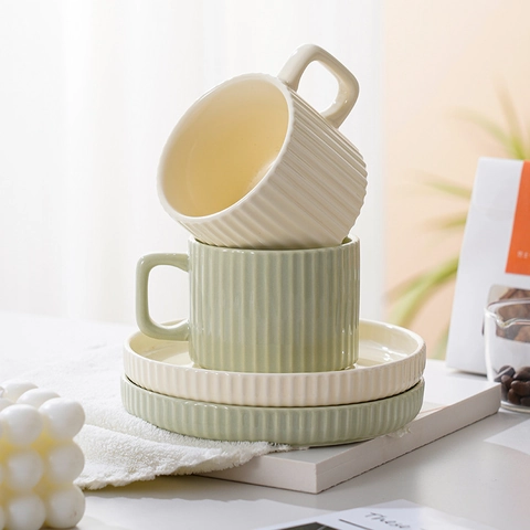 Tazza Da Caffè E Piattino In Ceramica Righe Verticali Stile Europeo Minimalista Tazza Colazione