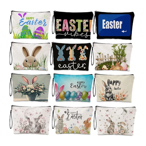 Borsa Da Trucco Coniglio Di Pasqua Lino Cerniera Astuccio Da Viaggio Con Cinturino Da Polso Contenitore Regalo Festivo
