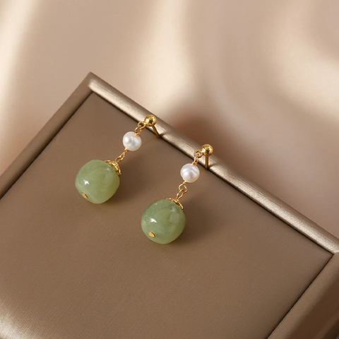 Vintage Freshwater Pearl And Hetian Jade Drop Earrings For Women With 925 Sterling Silver Earring Post Elegant Retro Jewelry