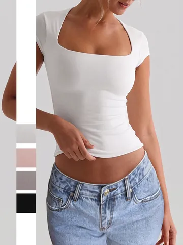 Women T-Shirt Short Sleeve Square Neck Polyester Elastane Slim Fit Elastic Yoga Sports Casual Soft Breathable Basic