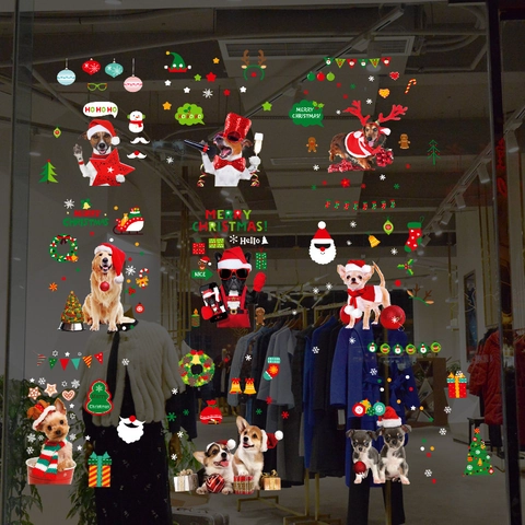 Christmas Window Clings PVC Static Stickers Cartoon Dog Santa Snowflake Reusable Glass Door Decals Xmas Holiday Decor