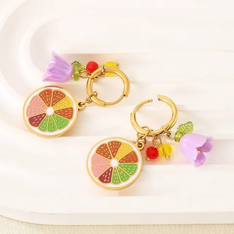 Fruit Lemon Slice Flower Dangle Hoop Earrings Stainless Steel Enamel Colorful Beads Summer Sweet Jewelry For Women
