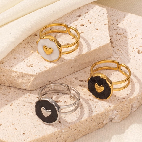 Heart Enamel Ring 304 Stainless Steel Adjustable Opening French Minimalist Vintage Chic Jewelry For Women