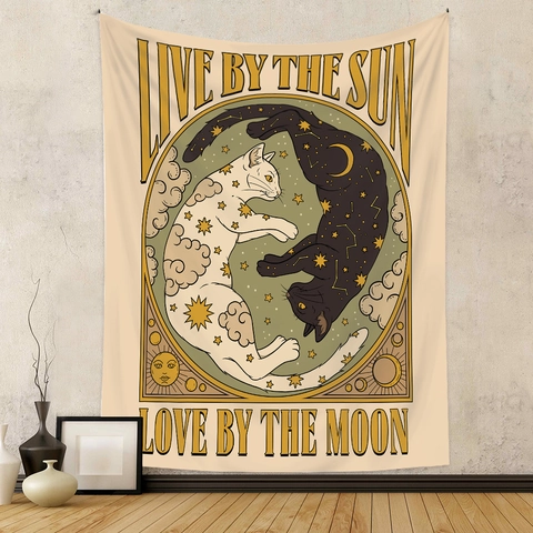 Cat Tarot Tapestry Polyester Wall Hanging Bohemian Celestial Sun Moon Vintage Mysterious Art Aesthetic Bedroom Decor