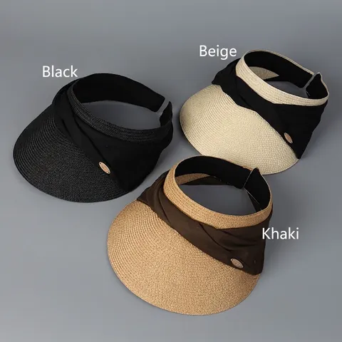 Damen Sonnenblende Hut Breite Krempe Papierstroh Geflochten Schleife Deko Offen Sommer Strand Elegant