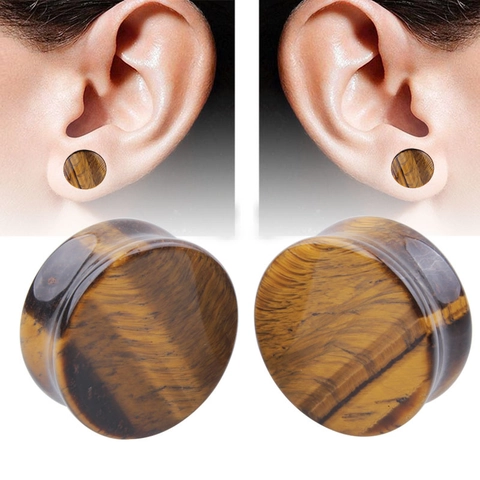 Plug Per Orecchie In Pietra Occhio Di Tigre Naturale Double Flared Sella Gioielli Per Piercing Corporeo Lucidati Unisex