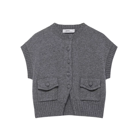 Women Knitted Vest Button Up Round Neck Sleeveless Sweater Cardigan With Flap Pockets Solid Color Slim Fit Casual Elegant