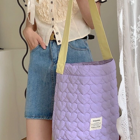Quilted Heart Pattern Tote Bag Contrast Color Large Capacity Cotton Shoulder Bag Japanese Style For Women
