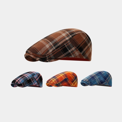 Vintage Plaid Flat Cap Cotton Breathable Ivy Newsboy Hat Retro British Style For Men Women Color Block