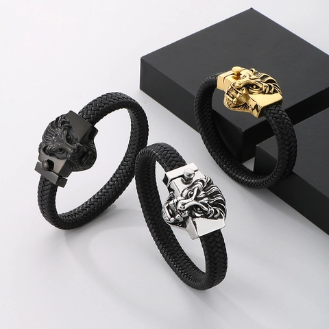Bracciale da Uomo in Vera Pelle Intrecciata con Testa di Leone in Acciaio al Titanio Punk Fibbia Re Leone Gioielli da Motociclista