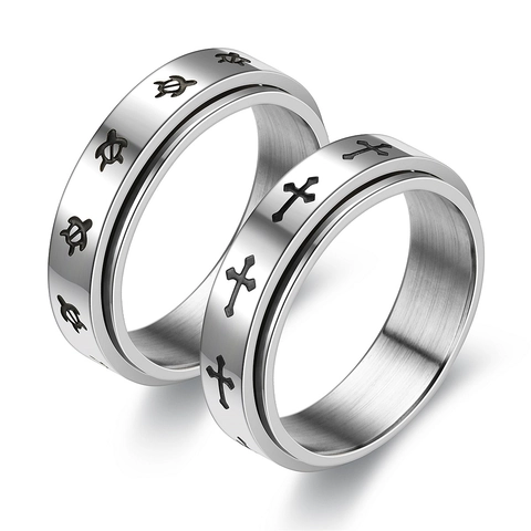 Stainless Steel Spinner Ring For Anxiety Relief Unisex Rotating Finger Ring With Cross Turtle Pattern Punk Jewelry Gift