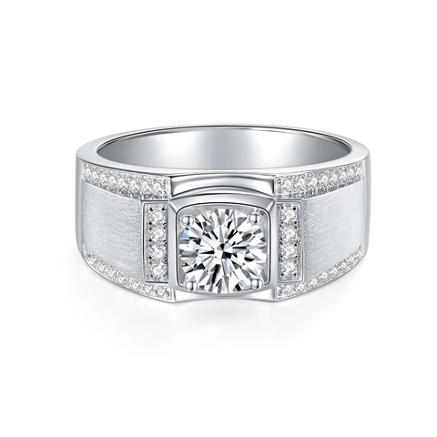 Anillo de Moissanita para Hombre Bañado en Plata Oro Blanco 18K Banda Cepillada Certificado GRA Joyería de Boda