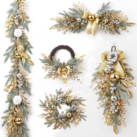 Weihnachts Kranz Girlande Türdeko Gold Silber Kunststoff Künstliche Kiefernnadeln Mit Zapfen Für Festliches Haus Party