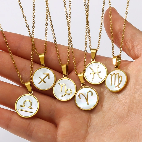 Roestvrij Staal 18K Verguld 12 Sterrenbeelden Halsketting Voor Vrouwen Witte Schelp Ingelegde Ronde Horoscoop Hanger Sieraden