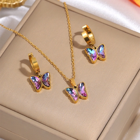 Vlinder Hart Bloem Titanium Stalen Ketting En Oorbellen Kleurrijke Zirkoon Gradiënt Kristal Elegante Sieraden Voor Vrouwen