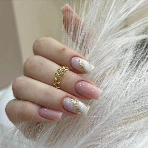 Ballerina Coffin Press On Nails Nude Pink White Marble Texture Gold Glitter Elegant Glossy False Nails For Women