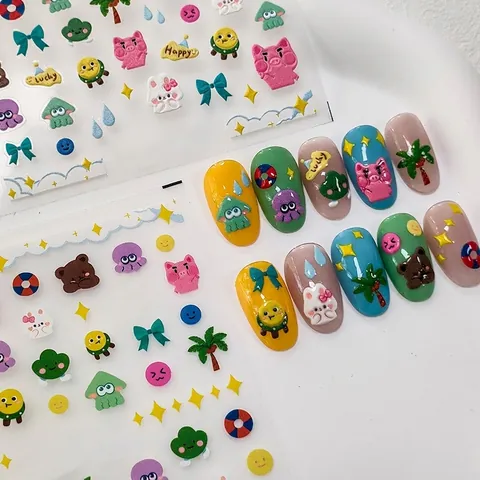 3D Geprägte Nagelkunst Aufkleber Cartoon Tiere Regenbogen Bunt Klebend PET DIY Dekoration Maniküre Zubehör