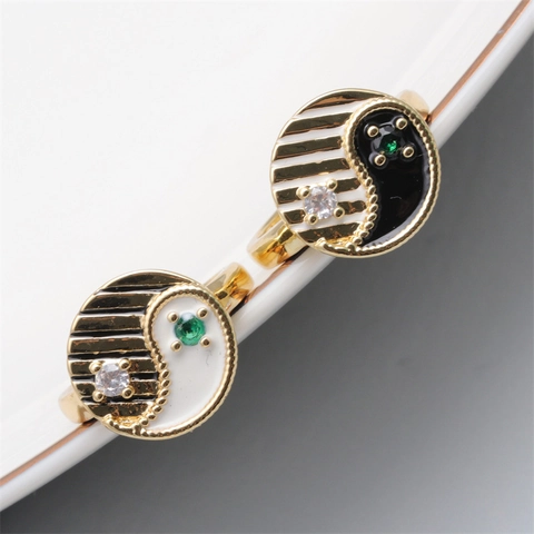 Yin Yang Tai Chi Verstellbarer Offener Ring Vergoldetes Kupfer Emaille Zirkon Vintage Schmuck Unisex Geschenk