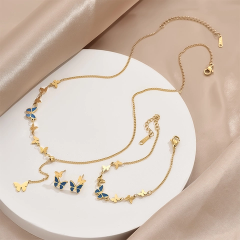 Set di Gioielli a Farfalla in Acciaio al Titanio Smalto Blu Strass Collana Orecchini a Bottone per Donna Accessori Moda Lusso