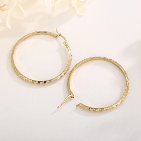 Stainless Steel Gold Plated Hoop Earrings Women Geometric Meander Greek Key Pattern Diamond Texture Fashion Jewelry