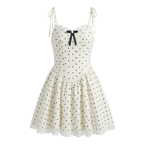 Vestido Mini Lunares Tirantes Polyester Encaje Lazo Dulce Verano Espalda Descubierta Cintura Alta Ajustado Mujeres
