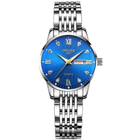 Orologio al Quarzo da Donna Business di Lusso Doppio Calendario Impermeabile Lancette Luminose Strass Cinturino in Lega