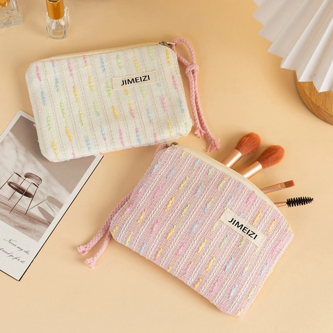 Borsa Da Trucco In Maglia A Righe Organizzatore Da Viaggio Portatile In Poliestere Tessuto Pochette Con Cerniera Per Monete