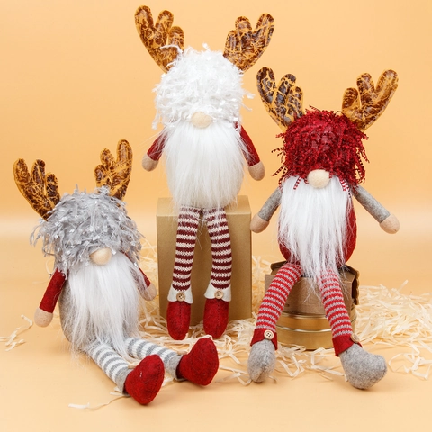Christmas Reindeer Antler Gnome Faceless Plush Doll Long Legs Handmade Swedish Tomte Dwarf Ornament Knitted Fabric Holiday Decor