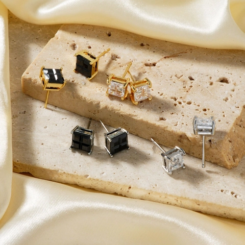 Fashion Square Copper Zirconia Stud Earrings For Women Men Versatile Geometric Geometric Minimalist Gold Silver Ear Jewelry
