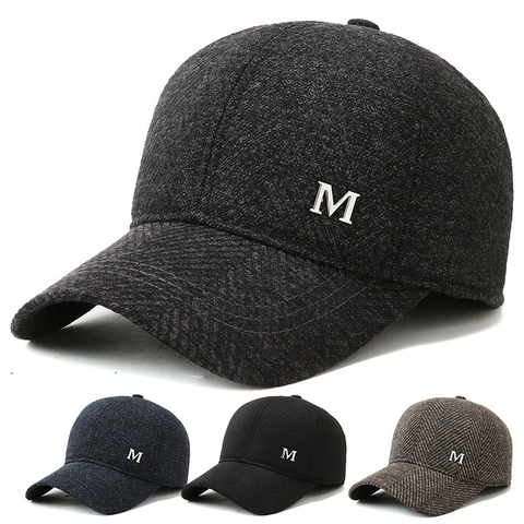 Men Winter Baseball Cap Thickened Ear Protection Warm Outdoor Windproof Textured Wool Blend Metal M Logo Middle-Aged