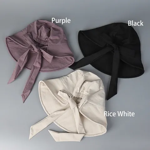 Women Wide Brim Bucket Hat Polyester UV Protection Foldable Sun Hat With Back Ribbon Bow Korean Style Elegant Outdoor