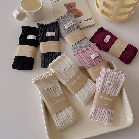 Women Cotton Ribbed Mid Calf Socks Lettuce Trim Slouchy Solid Color Japanese Style Soft Breathable