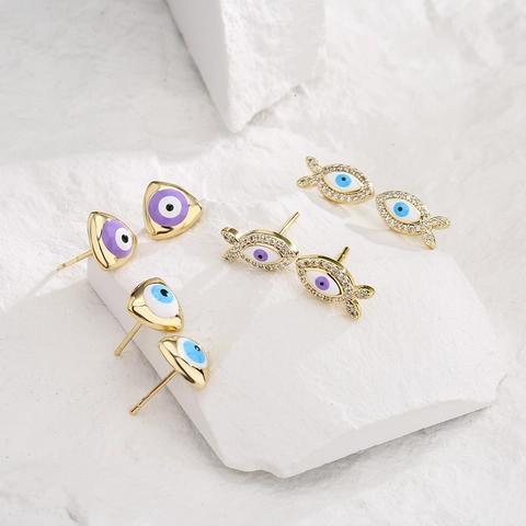 Evil Eye Ohrstecker Kupfer Vergoldet Zirkon Emaille Dreieck Fischform Französischer Stil Mini Schmuck Für Damen