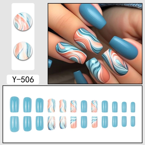 Faux Ongles Coffin Motifs De Marbre Tourbillonnant Brillants Bleu Orange Blanc Ongles Artificiels Femmes Style Élégant