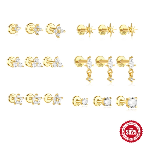 S925 Sterlingsilber Blume Stern Gewinde Flache Rückseite Ohrstecker Set AAAAA Zirkonia Gold Piercing Schmuck Für Damen Geschenk