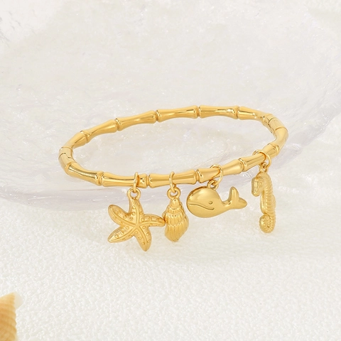 Oceaan Serie Zeester Schelp Dolfijn Bedels Bangle Armband 18K Verguld Roestvrij Staal Bamboe Sieraden Voor Vrouwen