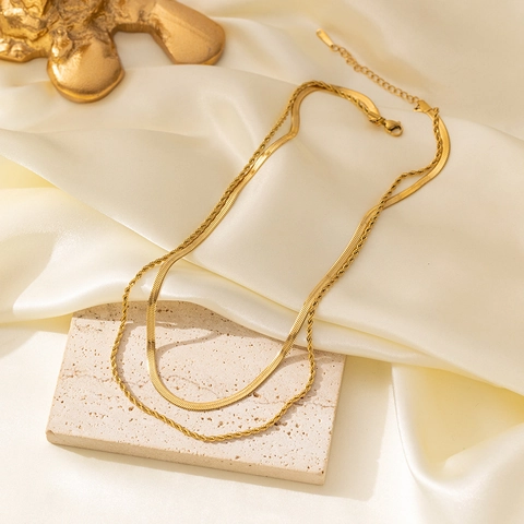 Women's Double Layer Stainless Steel Necklace Gold Silver Plated Herringbone Snake Chain Rope Chain Minimalist Fashion Jewelry Gift