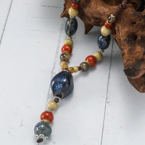 Handmade Ceramic Beaded Long Necklace Vintage Ethnic Style Woven Rope Sweater Chain For Women Multi-Color Jewelry