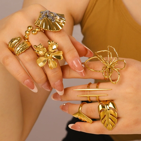 Gold Plated Stainless Steel Rings Waterproof Hypoallergenic Ocean Style Shell Flower Leaf Adjustable Fashion Jewelry For Women