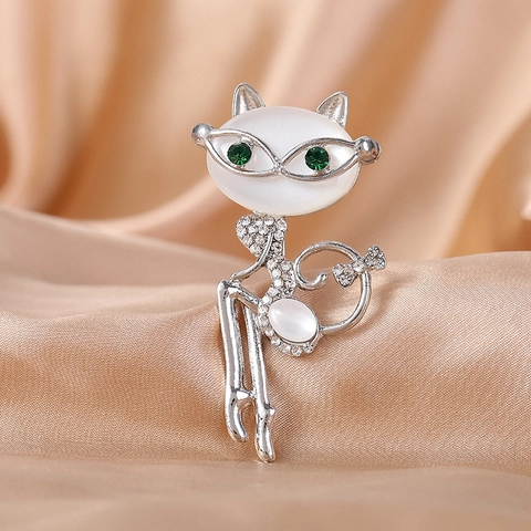 Lindo Broche de Gato con Diamantes de Imitación para Mujer Aleación Piedra de Ojo de Gato Artificial Alfiler Diseño de Nicho Decoración Ropa