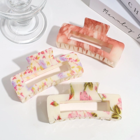 Fashion Floral Marble Pattern Rectangular Hair Claw Clips Hollow Large Square Acetate Hairpins For Women Daily Commute
