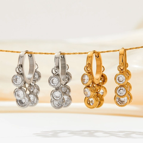 Edelstahl Bunte Strass Baumeln Creolen Für Damen Elegante Geometrische Quaste Drop Ohrschmuck Gold Silber Galvanisiert