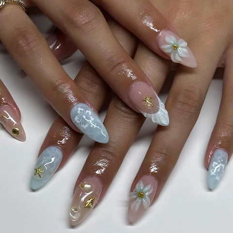 Ocean Theme Press On Nails Blue Pink Gradient 3D Shell Starfish Flower Decor Short Almond Shape Fake Nails For Women