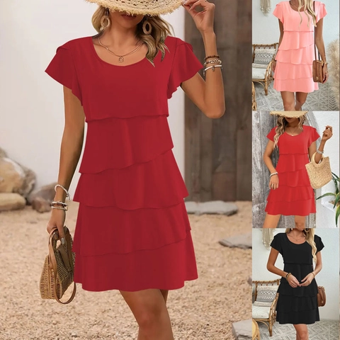 Women Summer Flutter Sleeve Tiered Dress Round Neck Loose Fit Ruffle Hem A-Line Midi Dress Solid Color Boho Sundress