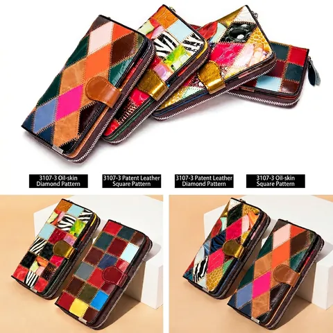 Damen Geldbörse Lang Echtes Rindsleder Patchwork Viele Kartenfächer RFID Schutz Große Kapazität Retro Bunt Clutch