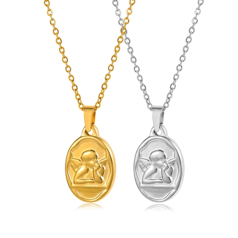 Collana Pendente Ovale Rilievo Angelo Cupido Acciaio Inossidabile Gioielli Lucidati Classici Retrò Donne Uomini