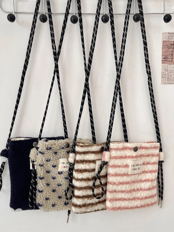 Mini Crossbody Bag Plush Lamb Fleece Phone Pouch Striped Heart Pattern Woven Strap Small Shoulder Handbag Women Daily